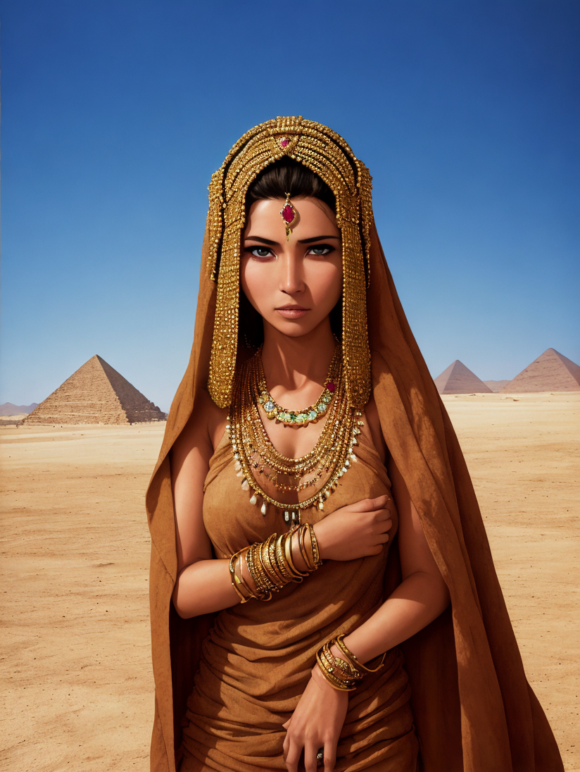 06109-3184366017-egyptian woman wearing intricate gold jewelry, desert town, pyramid, by Yoshiyuki Tomino, by Al Williamson, (by Bernie Wrightson.png